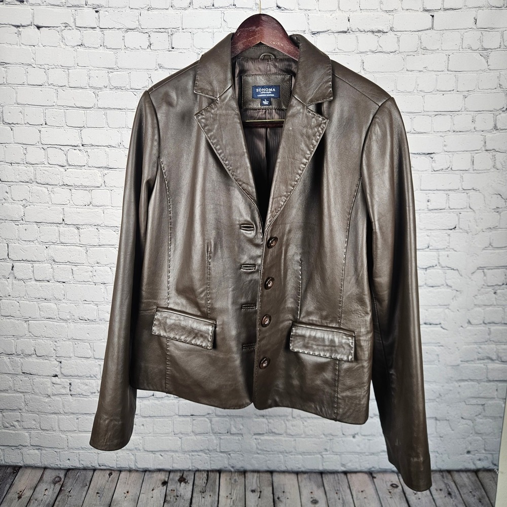 Sonoma Life Style Brown Lambskin Leather Blazer Jacket Womens Large 4 Button L - Picture 1 of 10
